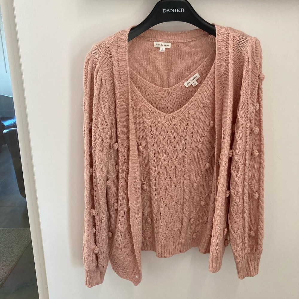 Blu Pepper Blush Cable Knit Cardigan Set